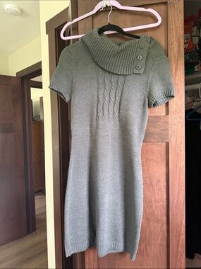 Decree Olive Gray Short-Sleeve Cowl Neck Sweater Dress